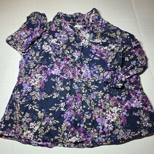 Croft & Barrow Floral Button Up Blouse in Navy and Purple